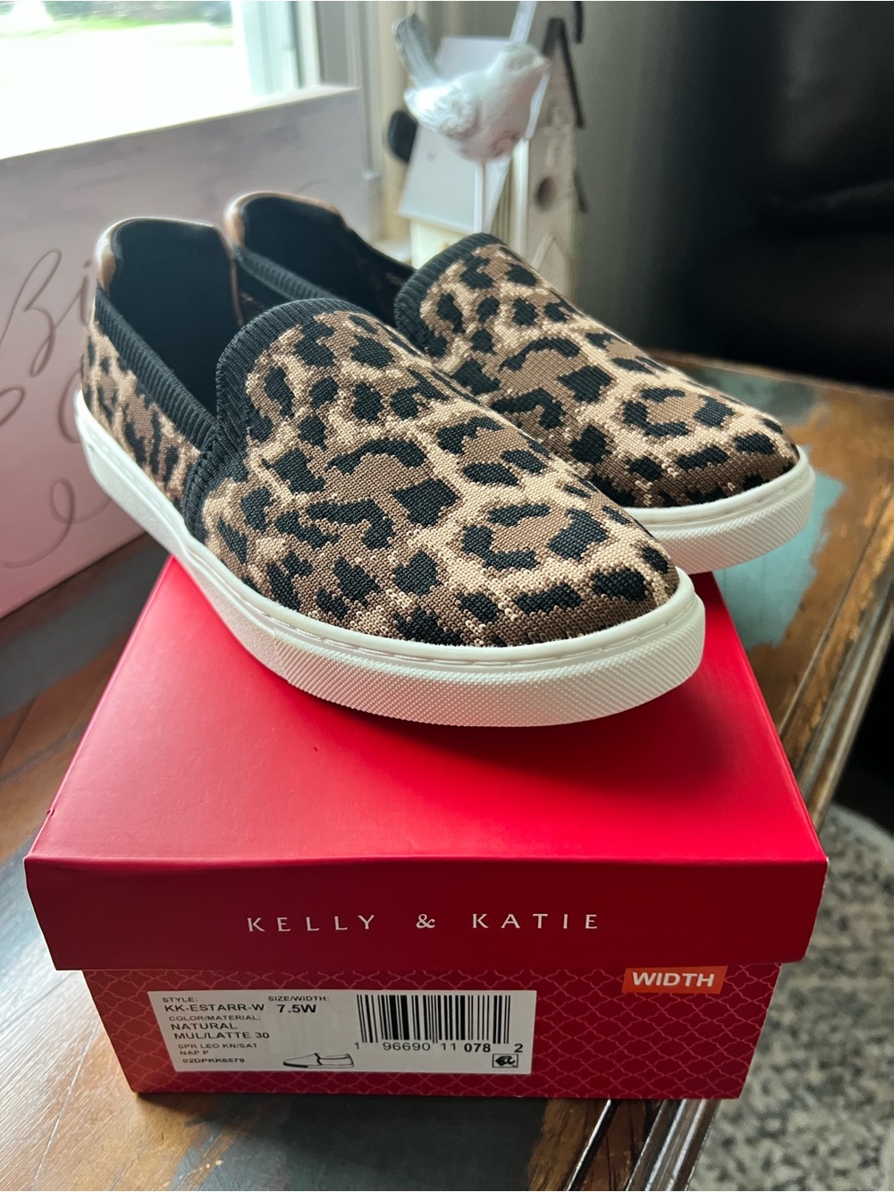 Size 7 1/2 Wide Kelly & Katie Leopard Slip-On Knit Sneakers - Natural/Black
